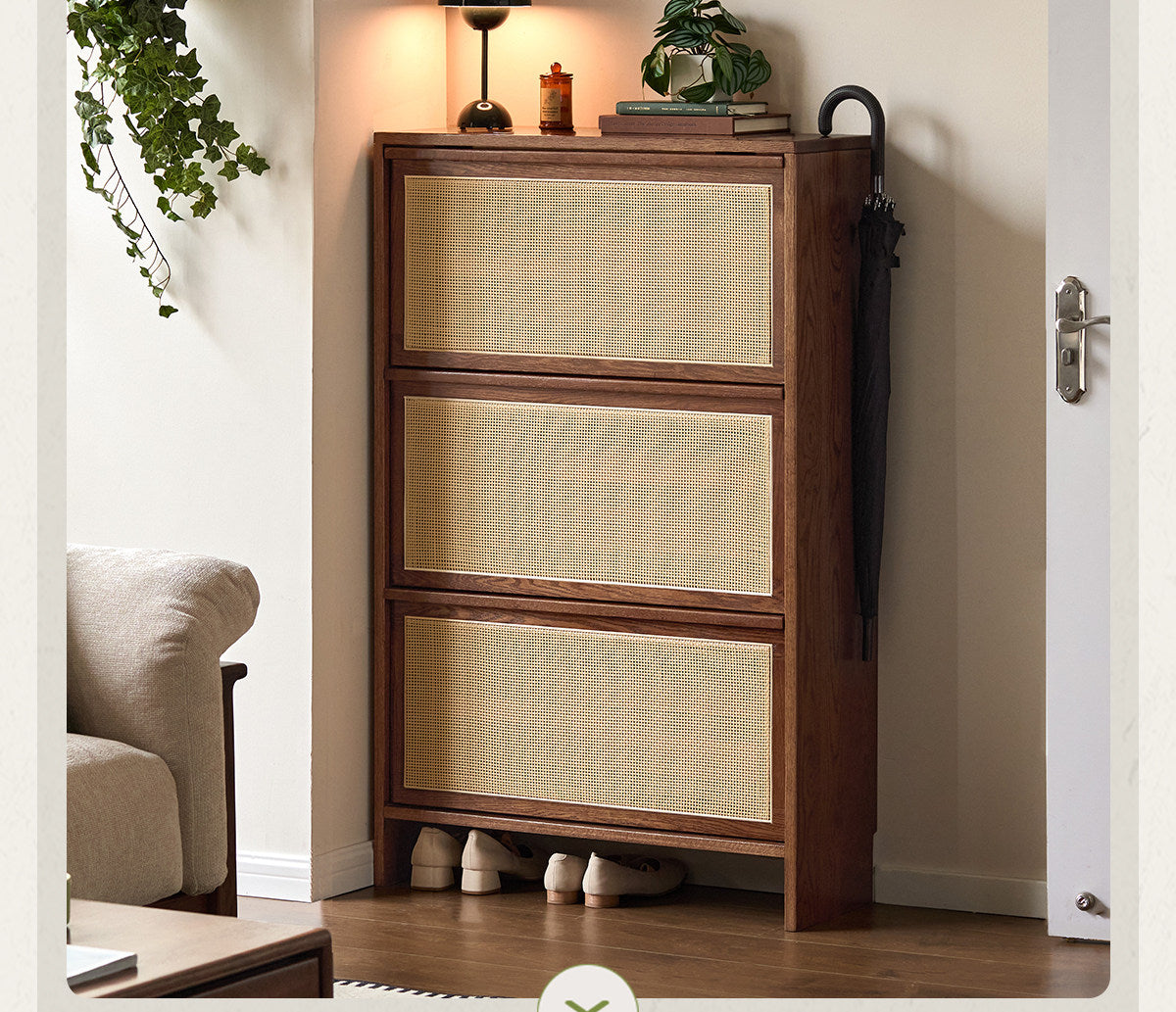 Oak Solid Wood Slim Entryway Shoe Cabinet with Rattan Flip-Down Doors