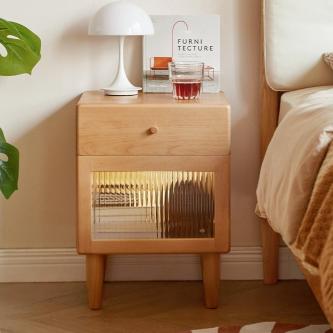 Beech solid wood night stand with light)