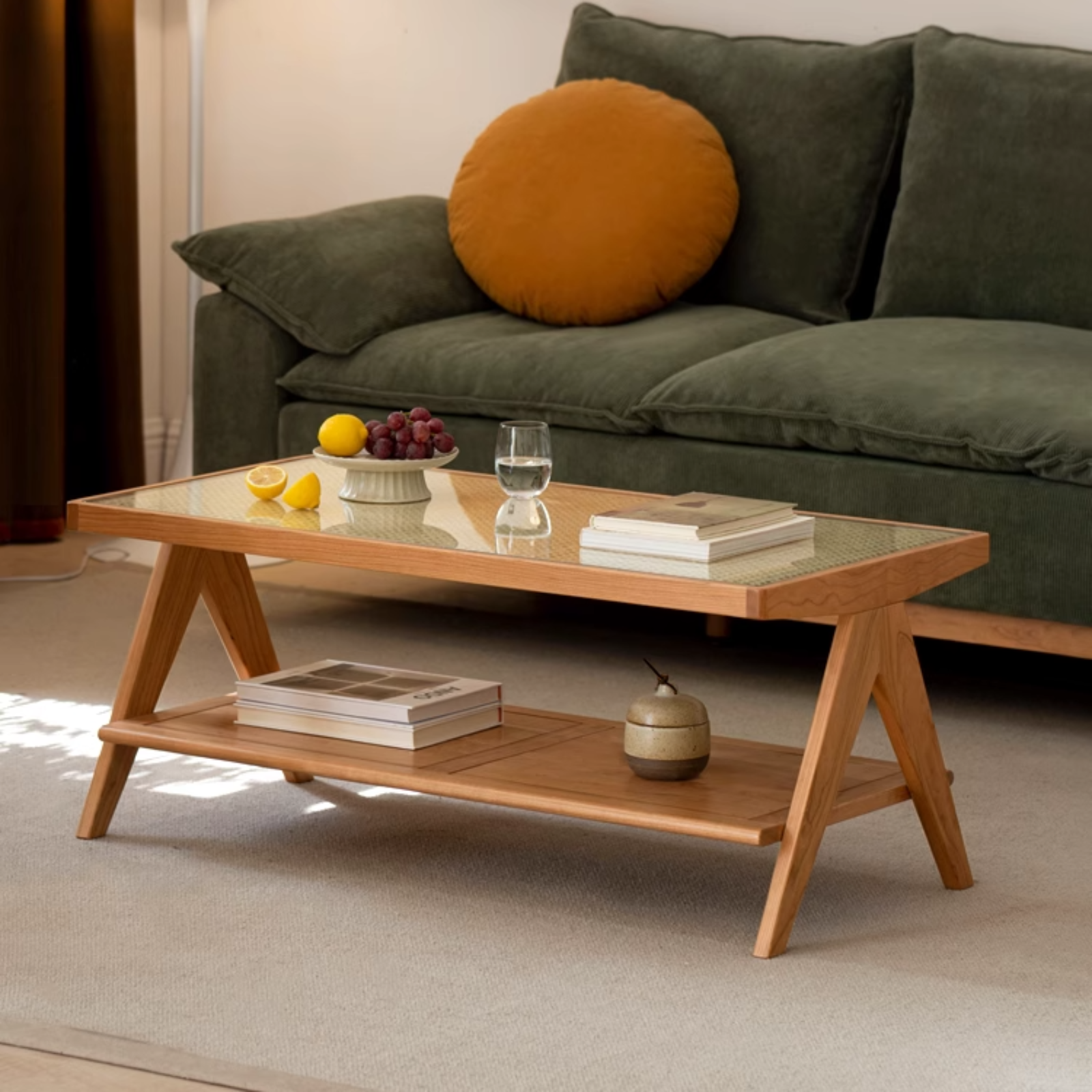 Cherry Solid Wood Modern Rattan Glass Coffee Table