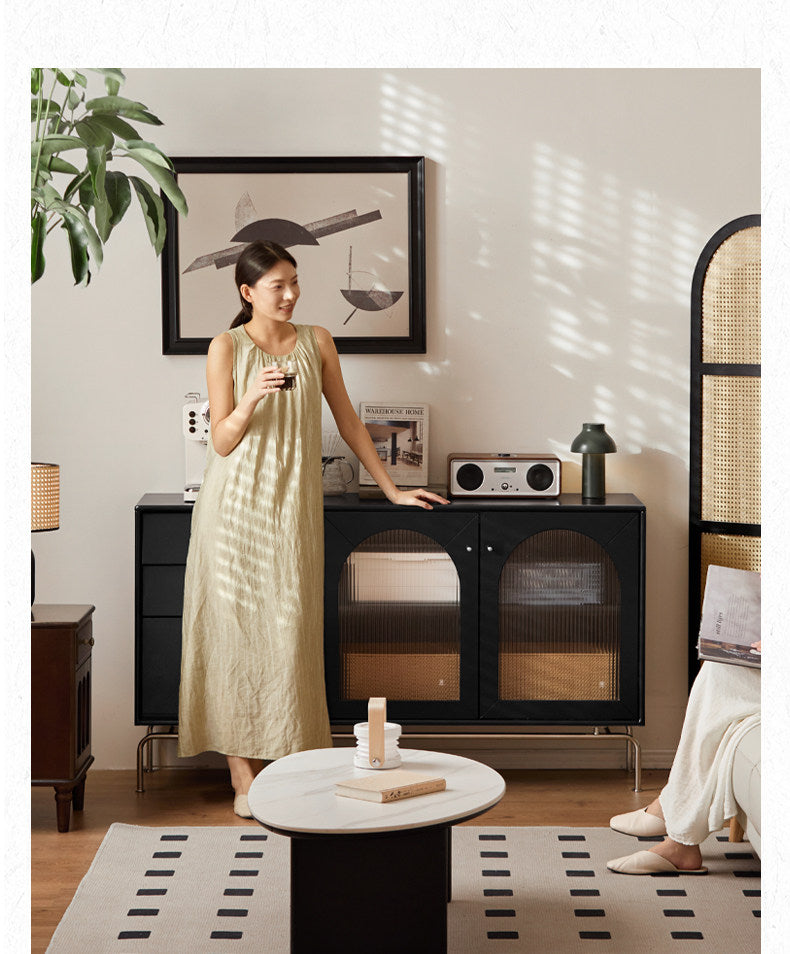 Solid Rubberwood French Retro Sideboard Black Glass