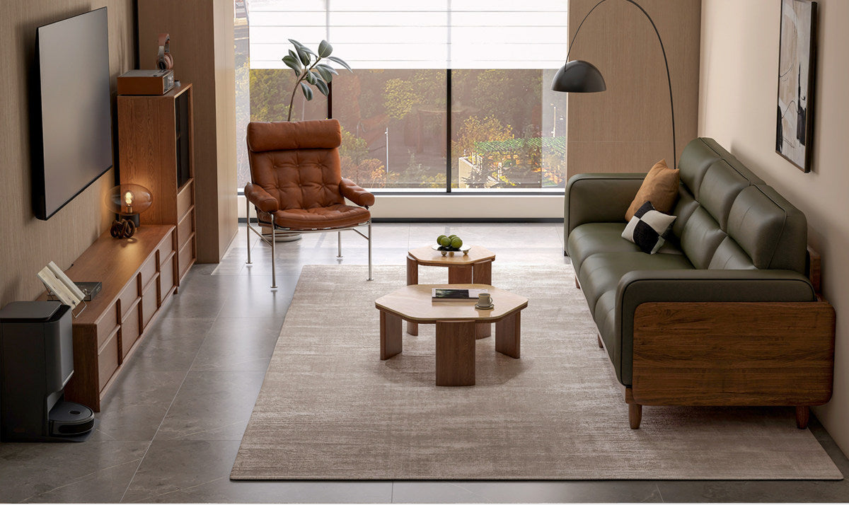 Ash Solid Wood Genuine Leather High Back Sofa