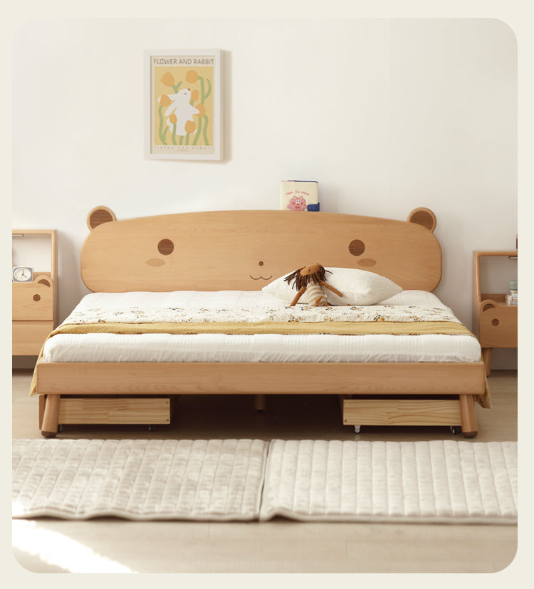 Beech Solid Wood Kids Bed with Bear-Shaped Headboard