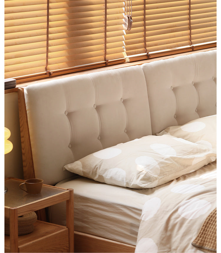 Oak solid wood leather soft bed cream style<