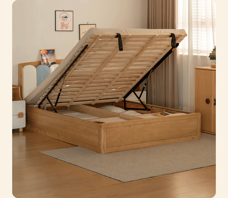 Oak Solid Wood Kids Bed with Adjustable Channel-Tufted Headboard and Gas-Lift Storage