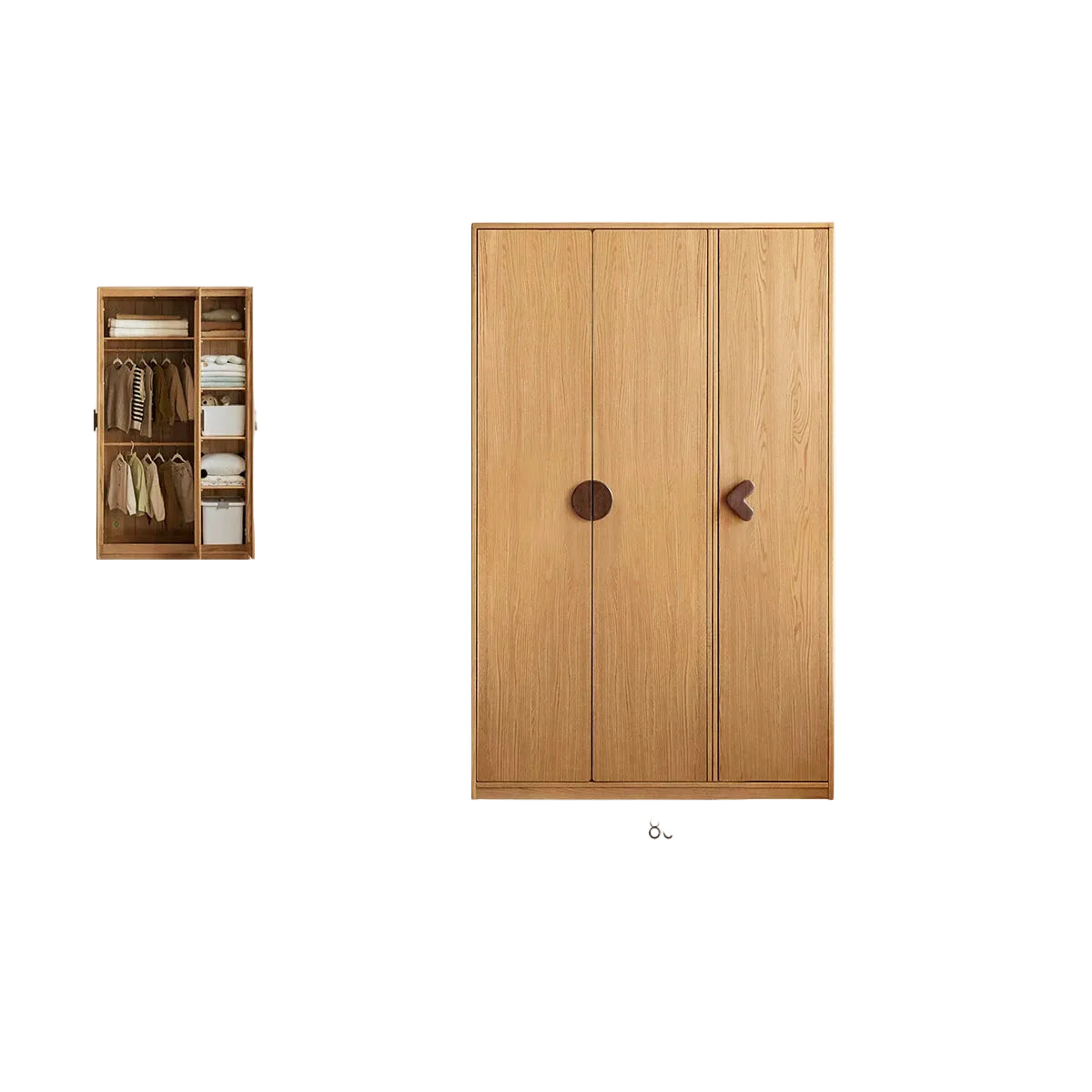 Oak Solid Wood Kids Wardrobe Armoire with Open Shelf and Drawer Combo