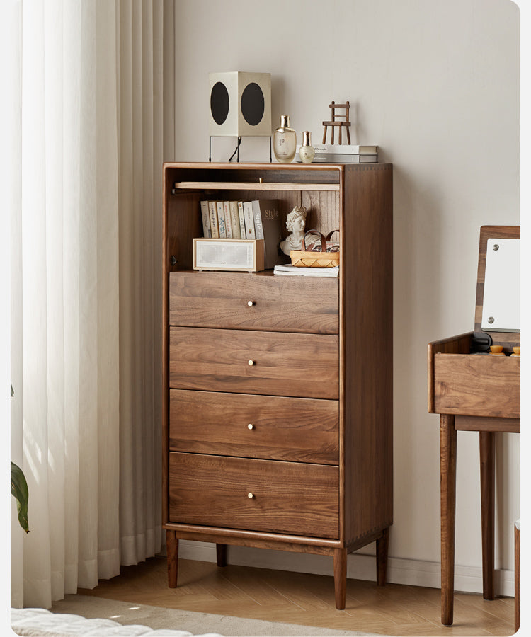 Black Walnut Solid Wooden Vintage Drawer Cabinet flipdoor rattan)