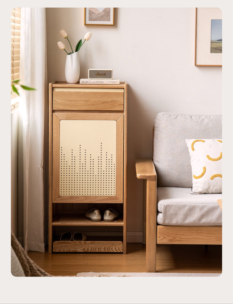 Oak Solid Wood Narrow Shoe Storage Cabinet with Pull-Out Drawer