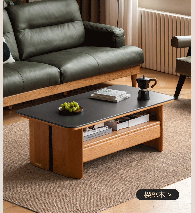 Ash Solid Wood Coffee Table with Two-Level Storage and Minimalist Design