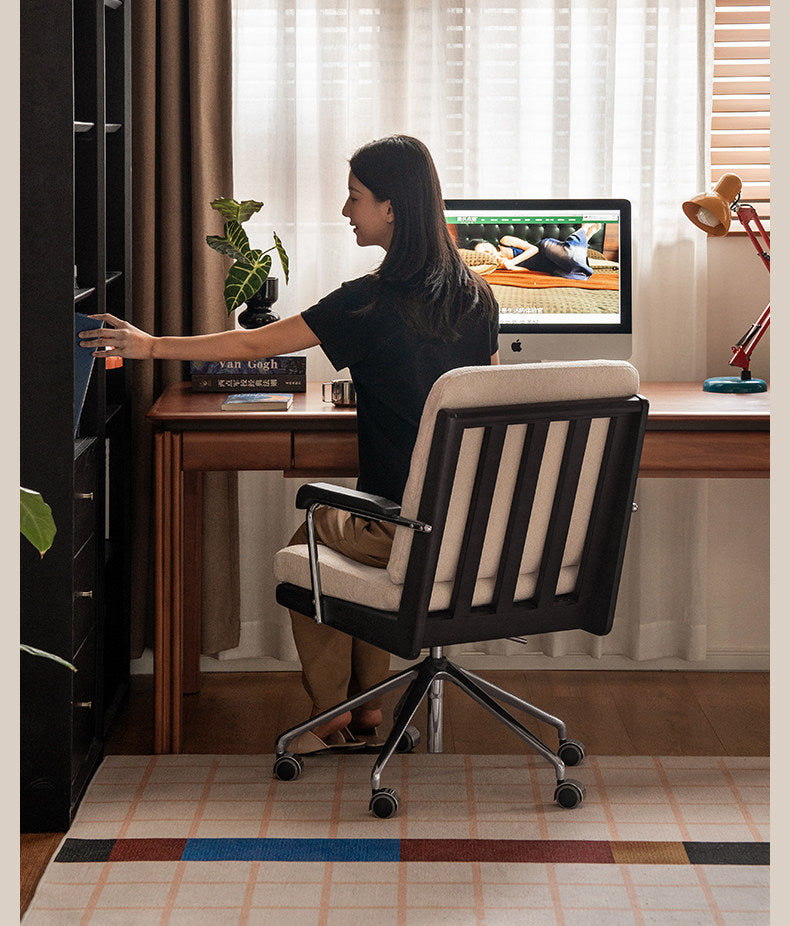 Oak Solid Wood Upholstered Swivel Office Chair with Adjustable Height, 360° Rotation, and Metal Base