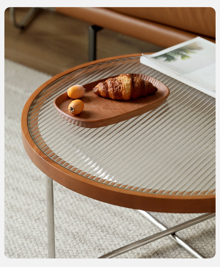 Beech Wood round glass coffee table"