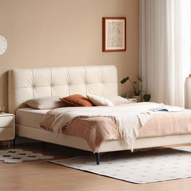 Genuine leather light luxury bed, cream style<