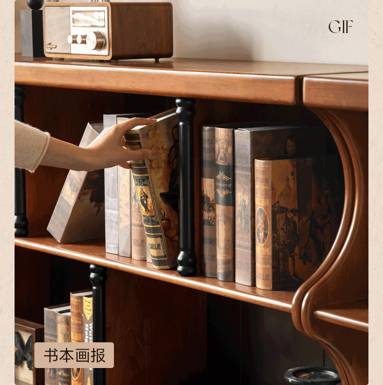 Solid RubberWood French Retro Bookcase with Storage Cabinet