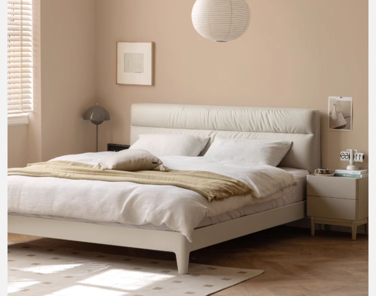 Poplar Solid Wood Technology Fabric Bed Cream Style<