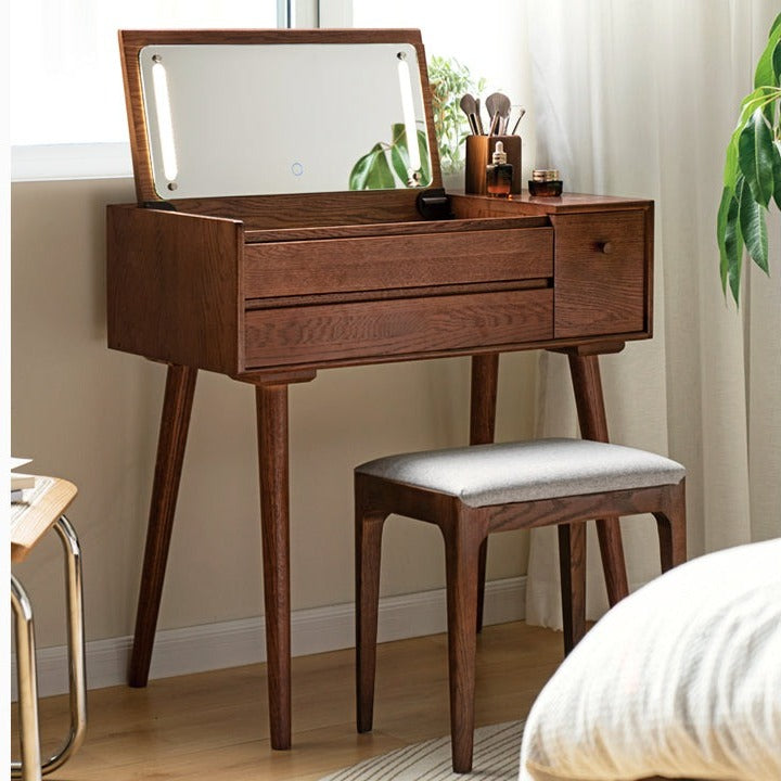 Oak solid wood Walnut color three drawer dressing table Mirror LED touch"