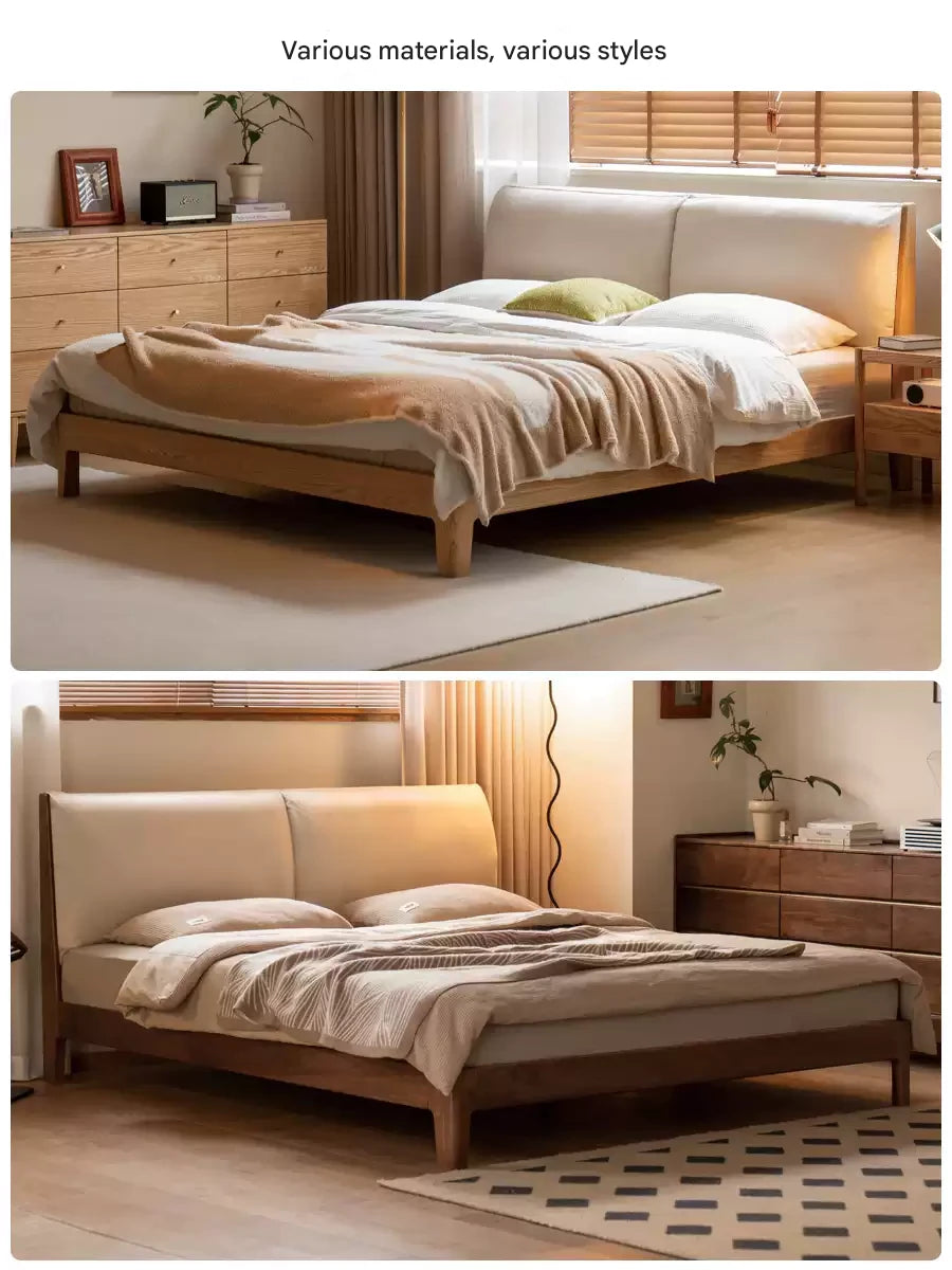 Oak Solid Wood Simple Fabric Soft Package Bed