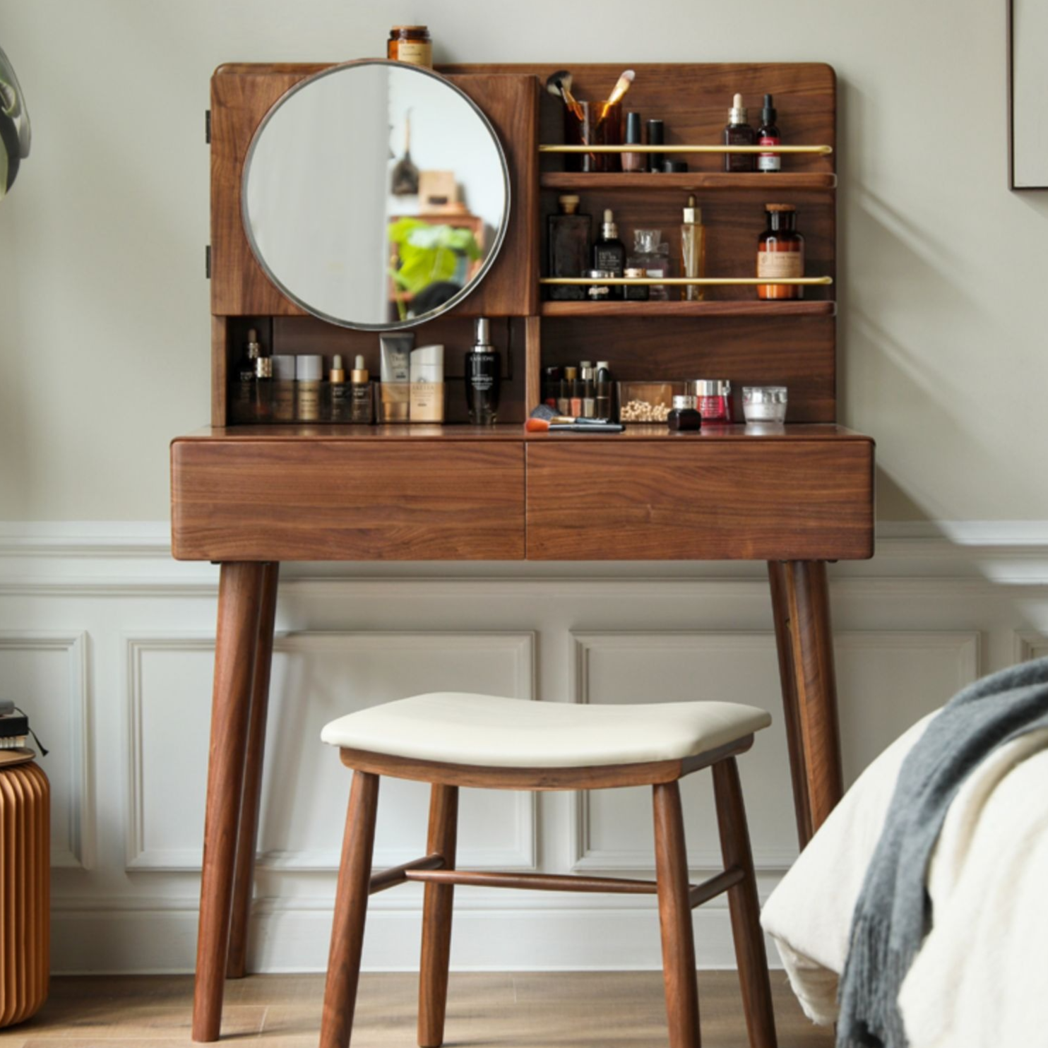 Black walnut solid wood makeup cabinet table with round mirror"