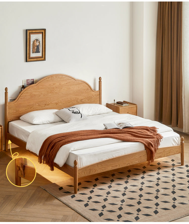 Cherry Solid Wood Bed with Arched Headboard and Turned Posts