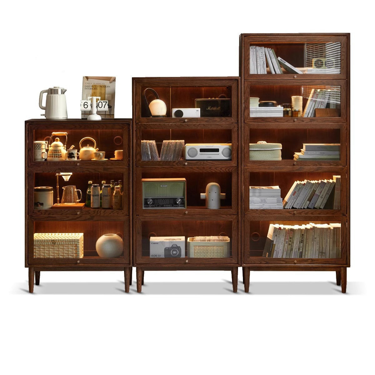 Multi-layer flip door side cabinet, bookcase oak solid wood"