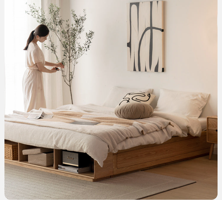 Oak solid wood platform bed, headboard-free box bed<