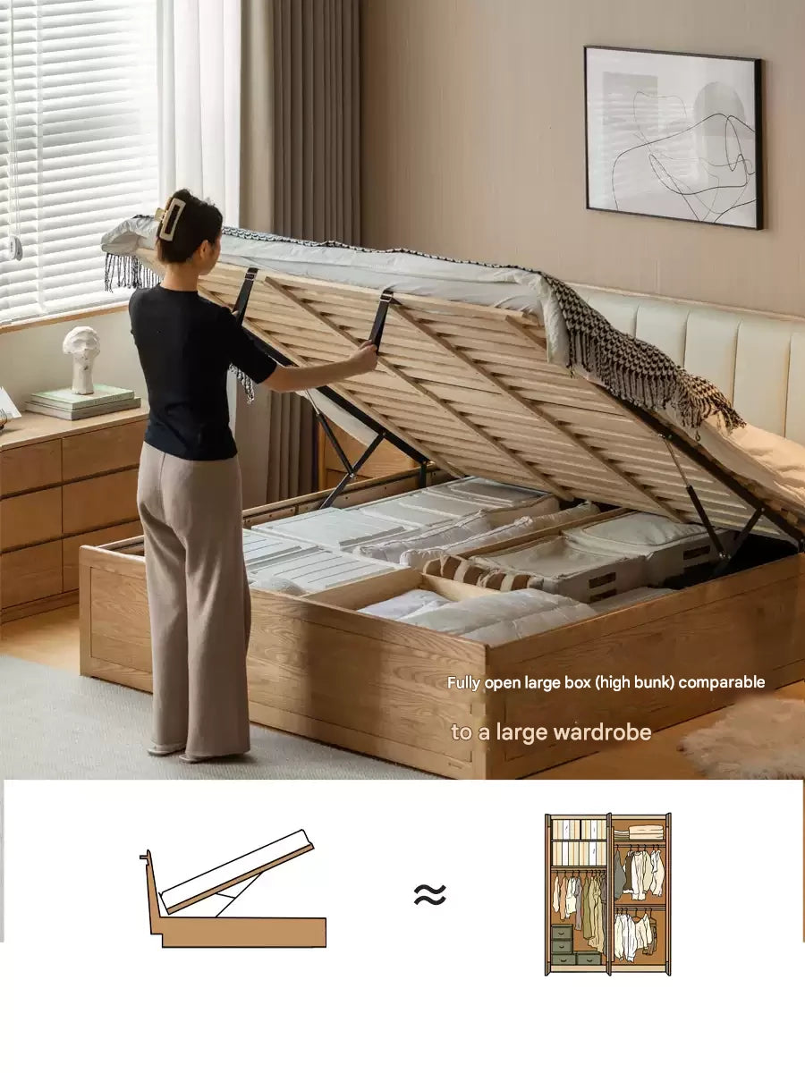 Ash solid wood genuine leather, technical cloth box storage bed