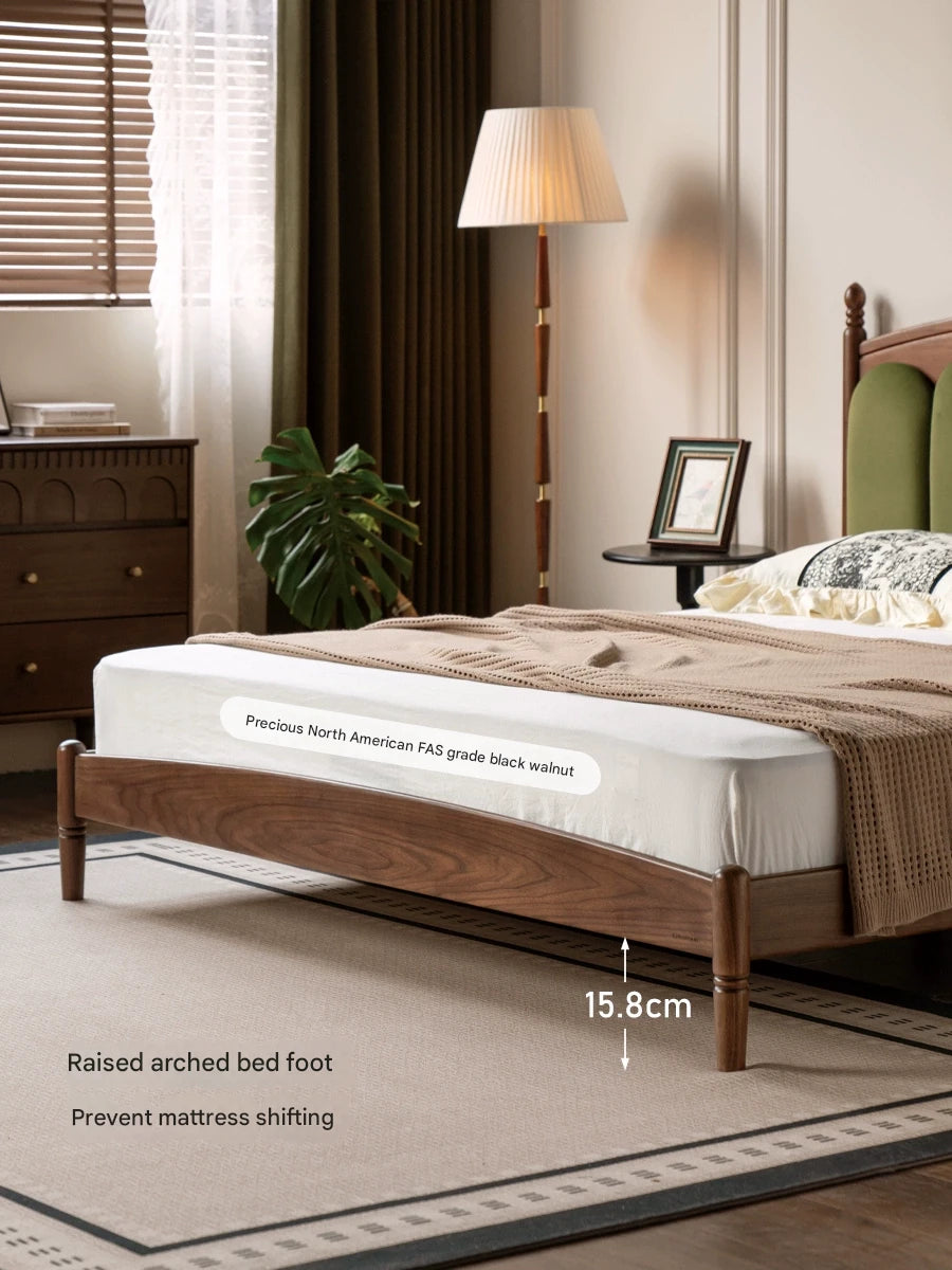 Black Walnut, Oak Solid Wood French Style Leather Bed with Retro Soft Headboard