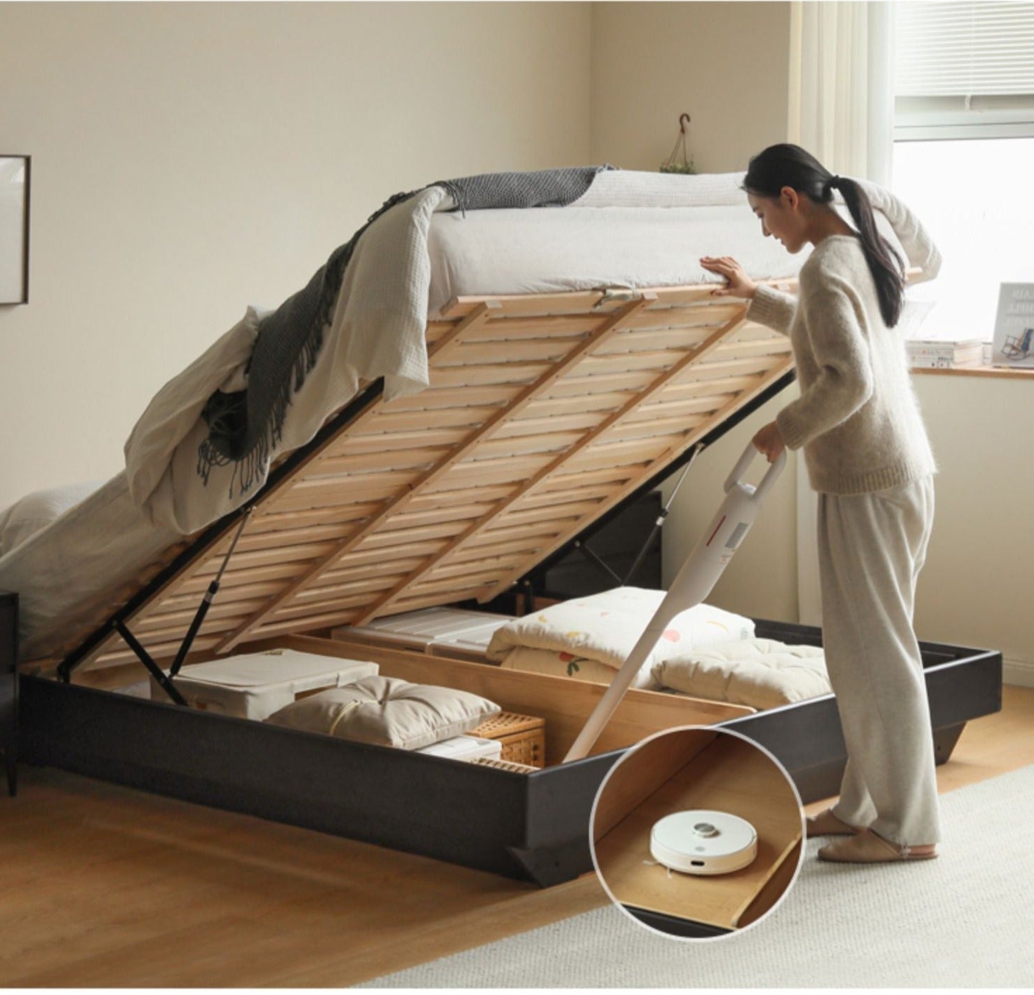 Oak solid wood smoky color suspended luminous Box bed"