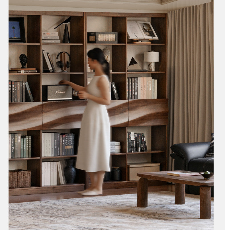 Black Walnut Solid Wood Bookshelf with Combination Storage and Display Shelves