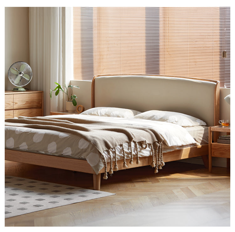 Genuine leather, Tech fabric Oak solid Wood Bed"_)