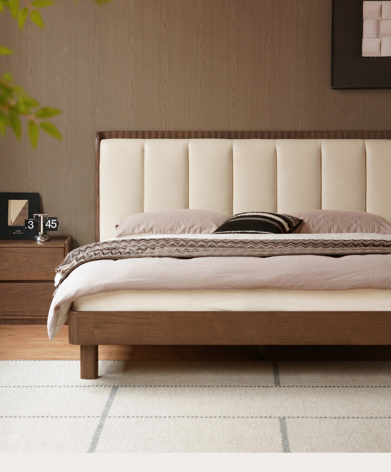 Black Walnut, Golden Sandalwood Solid Wood Genuine Leather Extra Tall Vertical Channel Tufted Platform Bed