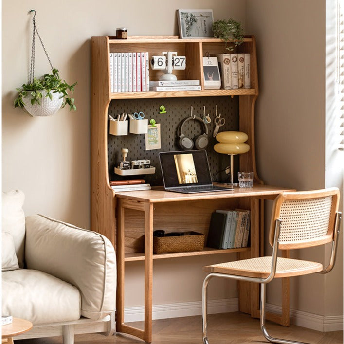 Oak Solid Wood Foldable Desk Bookcase Integrated -