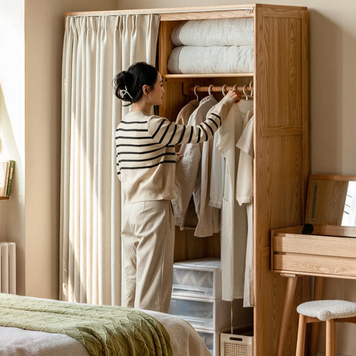 solid wood wardrobe bedroom oak simple cloth curtain wardrobe dressing ...