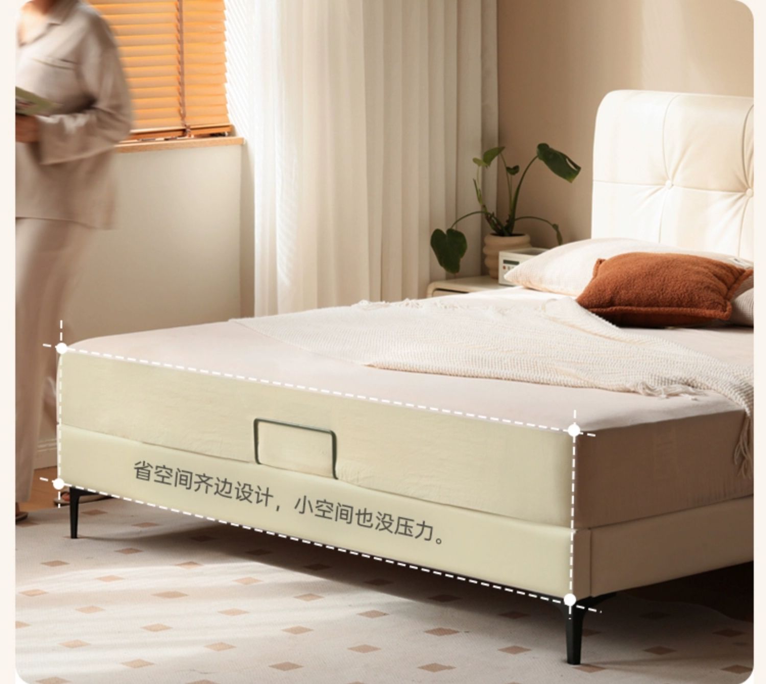 Genuine leather light luxury bed, cream style<