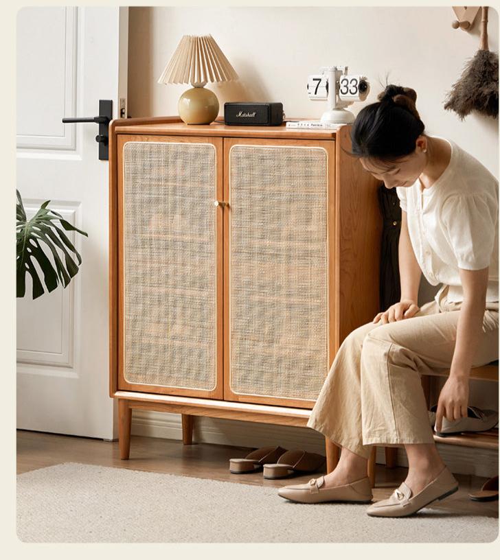 Cherry Solid Wood Rattan Door Storage Shoe Cabinet