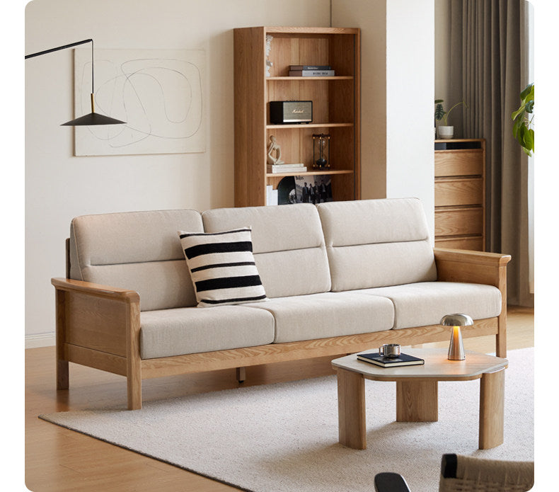 Ash Solid Wood Exposed Wood Frame Sofa with Slat Back Panel