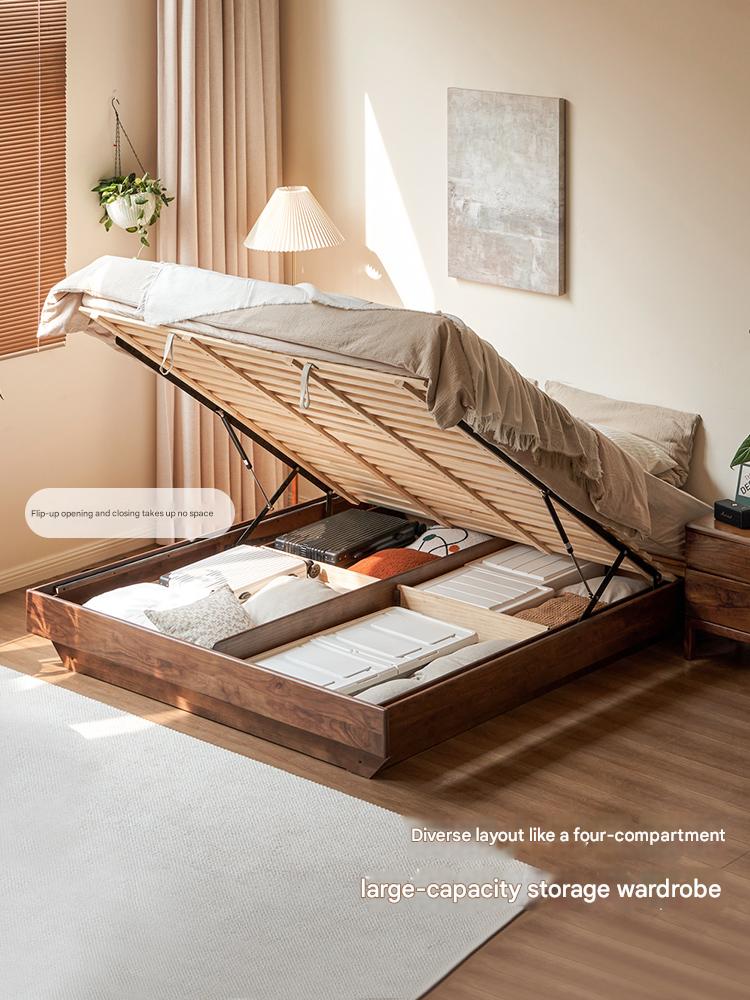 Black walnut solid wood platform bed, headboard-free box bed