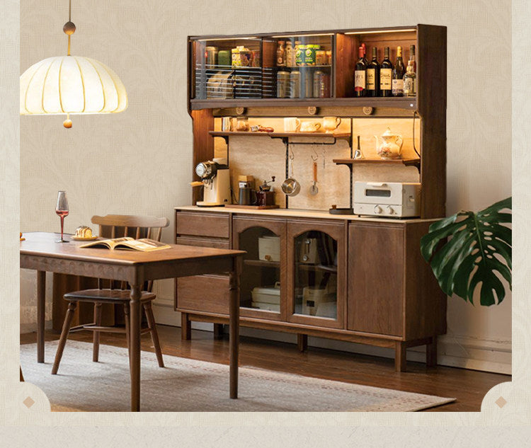 Black Walnut Solid Wood Buffet Cabinet with Retro Style and Rock Board Surface