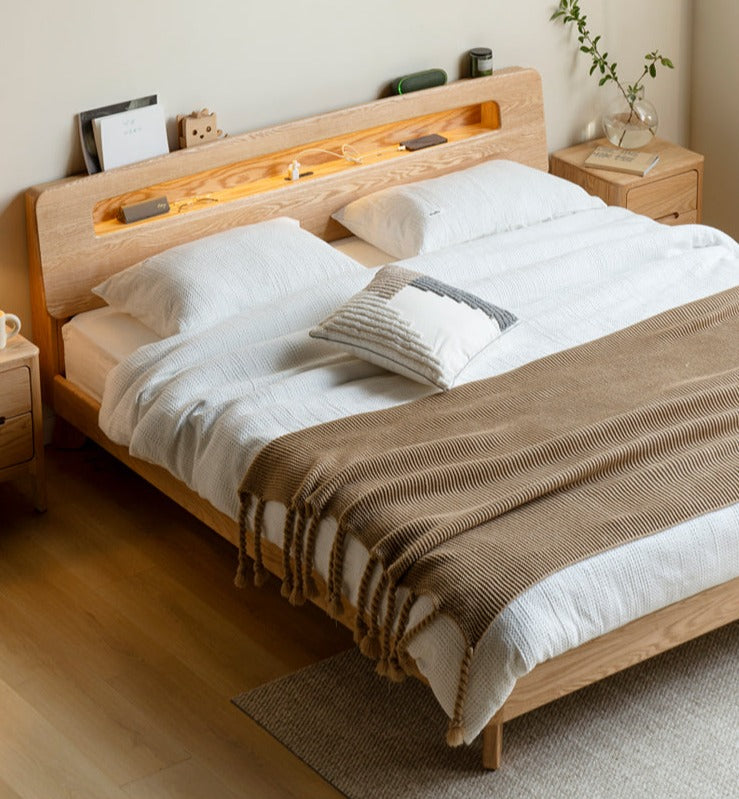 Oak solid wood bed Touch-type LED warm light_)