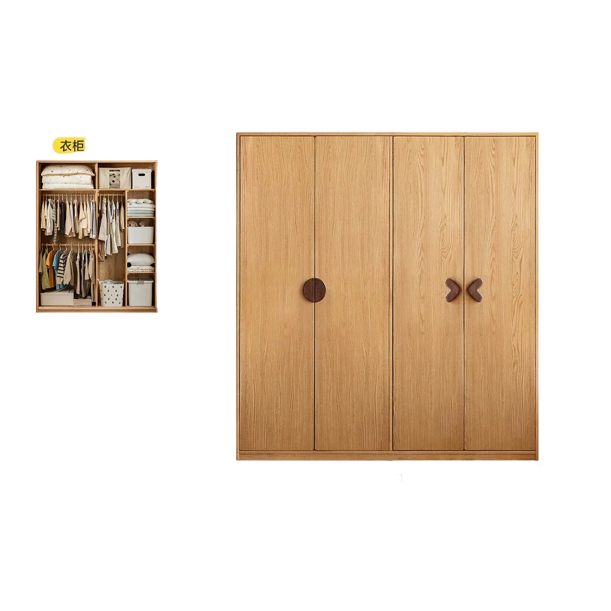 Oak Solid Wood Kids Wardrobe Armoire with Open Shelf and Drawer Combo