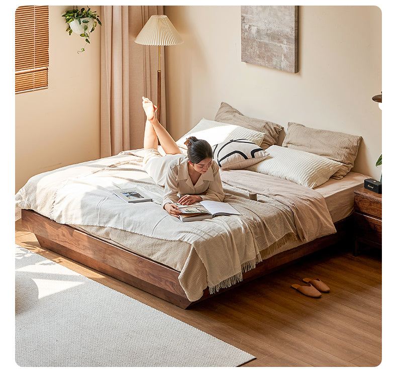 Black walnut solid wood platform bed, headboard-free box bed<