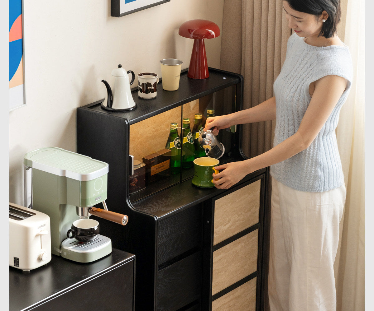 Oak Solid Wood Bauhaus Style Bar Cabinet with Sliding Doors