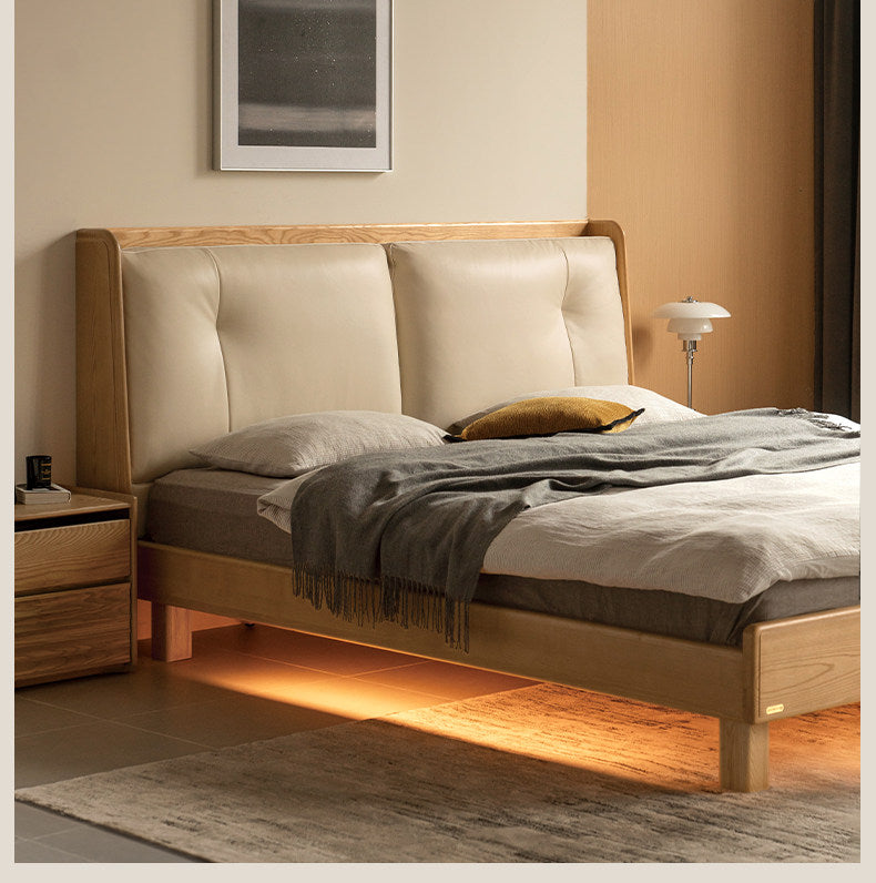 Ash Solid Wood Upholstered Floating Platform Bed with LED Lights