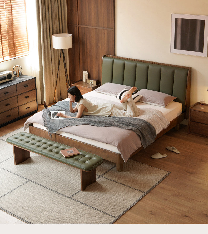 Black Walnut, Golden Sandalwood Solid Wood Genuine Leather Extra Tall Vertical Channel Tufted Platform Bed