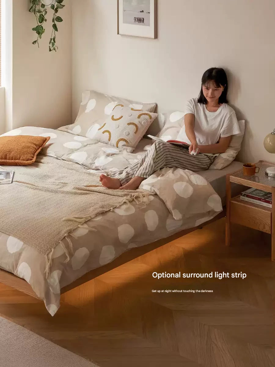 Oak Solid Wood platform bed, headboard-free bed Night Light Suspended Bed