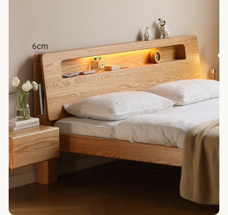 Oak, Beech solid wood bed with light and bookshelf