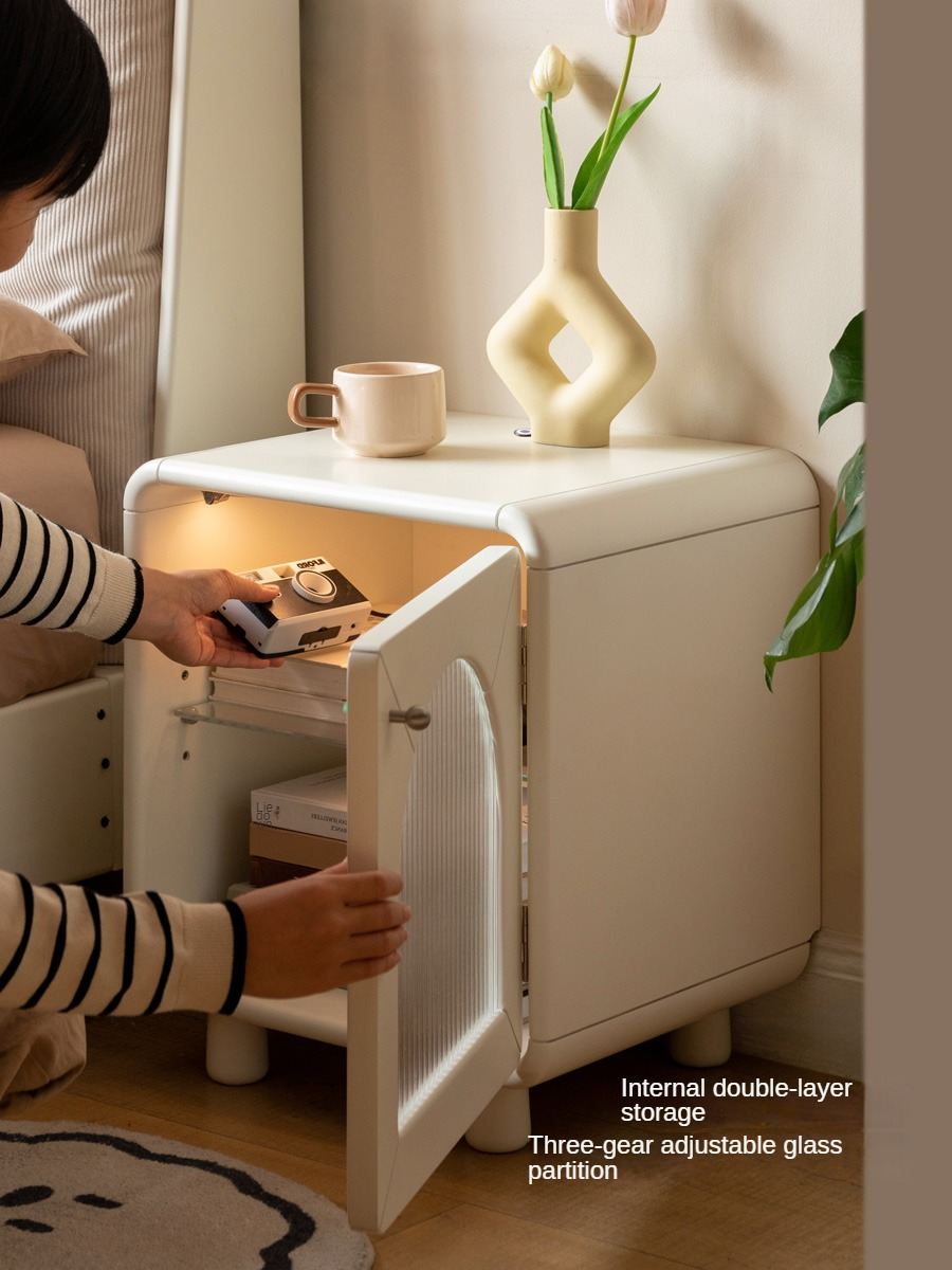 Poplar solid wood Light nightstand cream style -