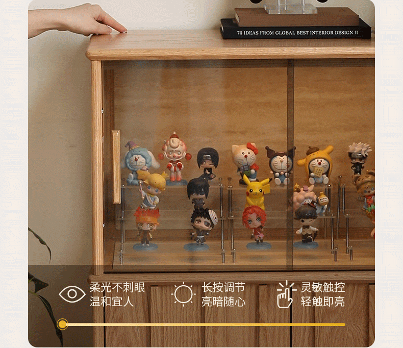 Oak Solid Wood Lighted Display Cabinet with Glass Door and Fluted Wood Panels