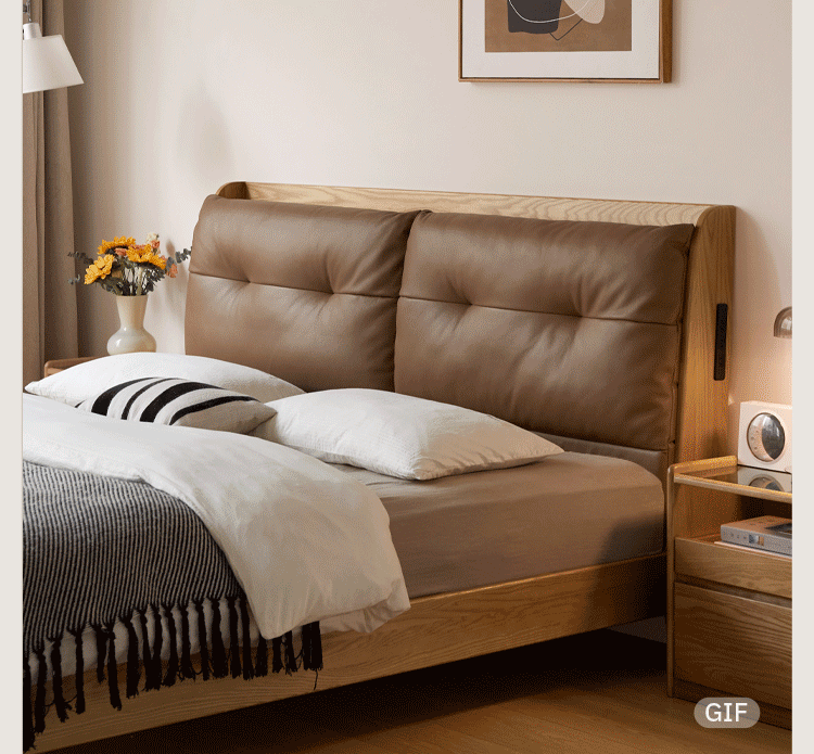 Ash Solid Wood Modern Leather Tufted Platform Bed with USB Charging Port