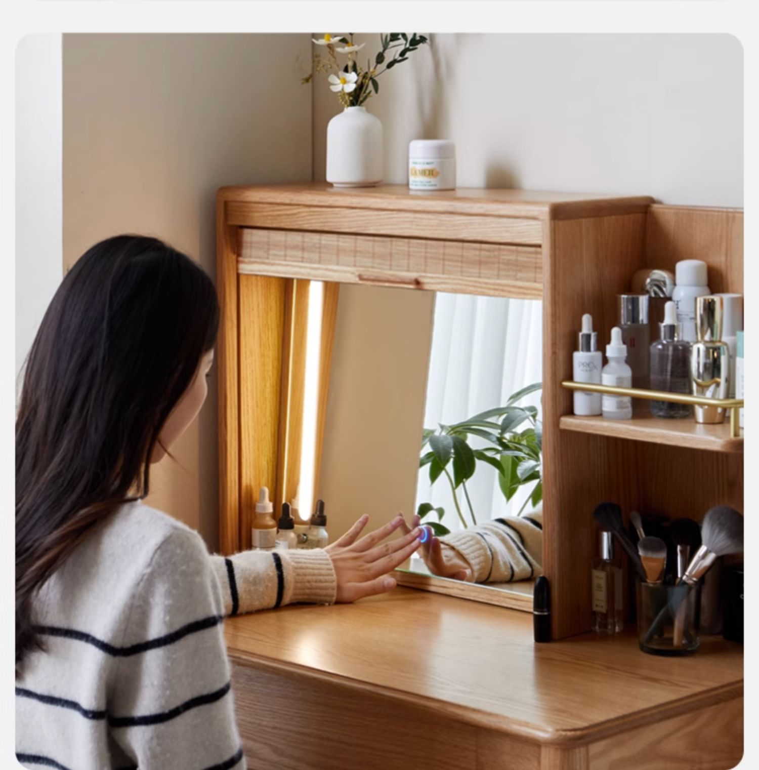 Oak Solid Wood Makeup Table Japanese Style Illuminated Mirror "