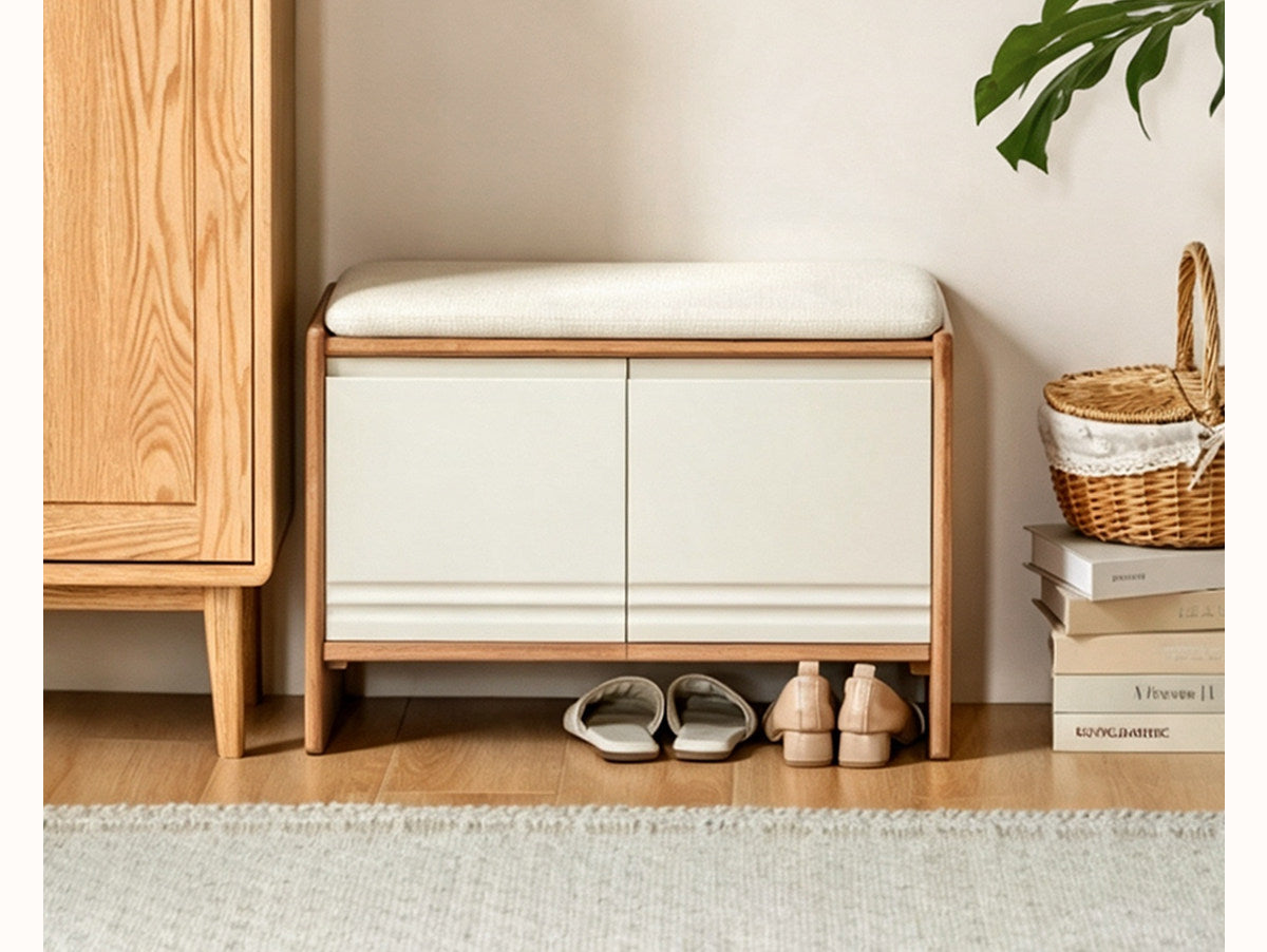Solid RubberWood Shoe Storage Bench with Doors and Cushioned Top