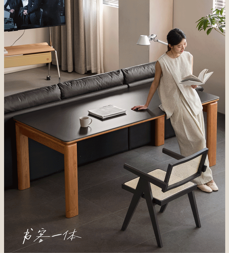 Cherry Solid Wood Vintage Style Slab Dining Table with Sintered Stone Top